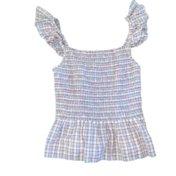 Madewell Seersucker Lucie Smocked Peplum Top in Rainbow Plaid - Picture 1 of 5